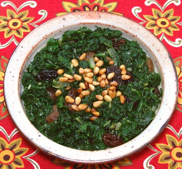 Bowl of Chard with Raisins & Pine Nuts