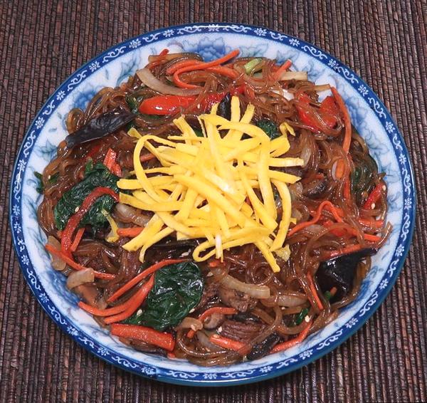 Bowl of Sweet Potato Noodles with Meat, Vegies
