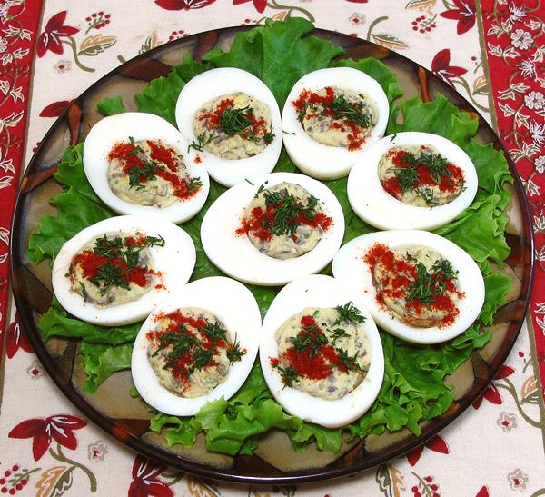 Platter of Stuffed Eggs with Mushrooms