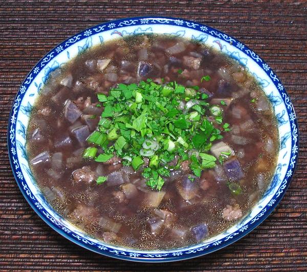 Bowl of Purple Yam Soup with Pork