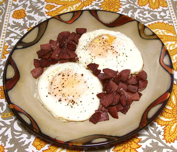 Dish of Soujuc with two Eggs