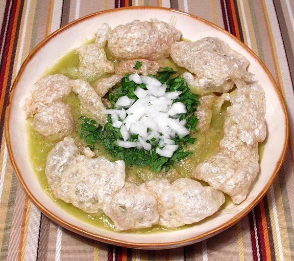 Dish of Pork Rinds in Tomatillo Sauce