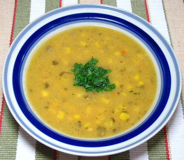 Bowl of Bean Potato Soup with Corn