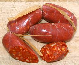 Salvadoran Chorizos, whole and cut