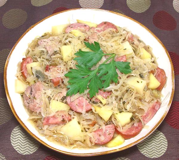 Dish of Pork Ribs & Sausage with Sauerkraut